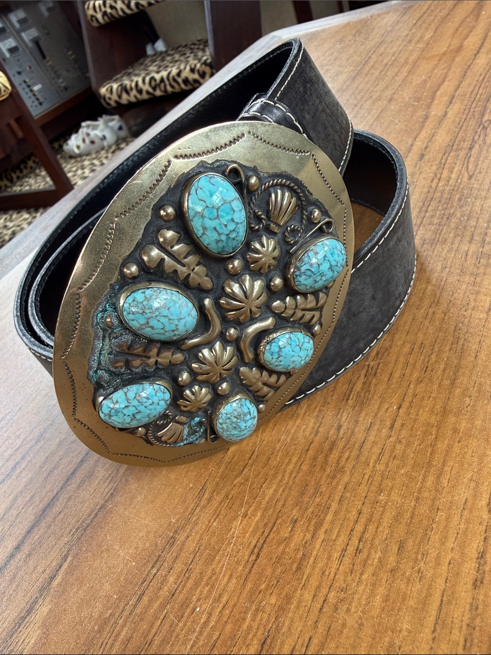 Turquoise Stone Floral Western Belt with Ornate Brass Buckle